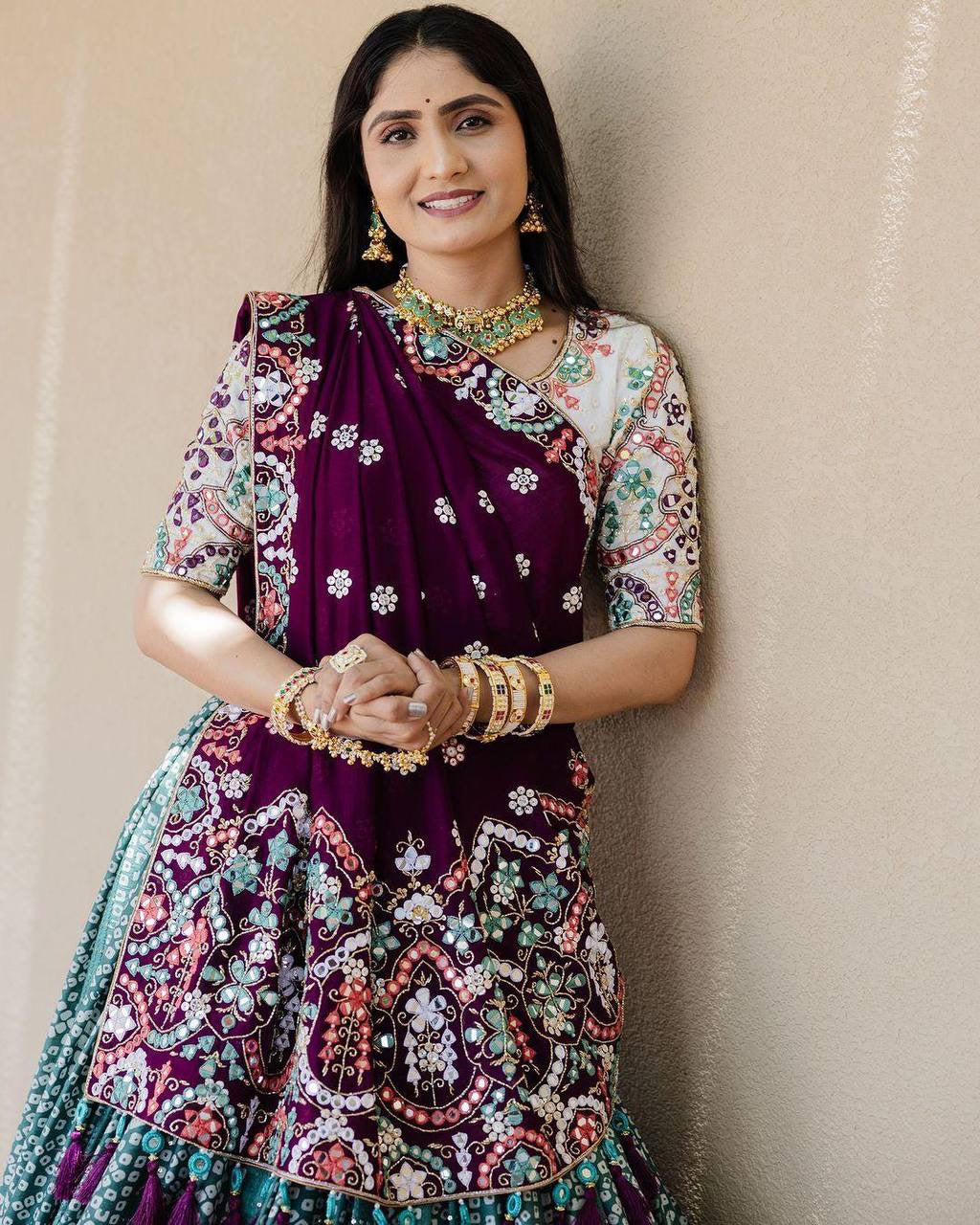 Navratri special Premium Heavy Muslin Cotton Lehenga with Digital Print & Real Mirror Work