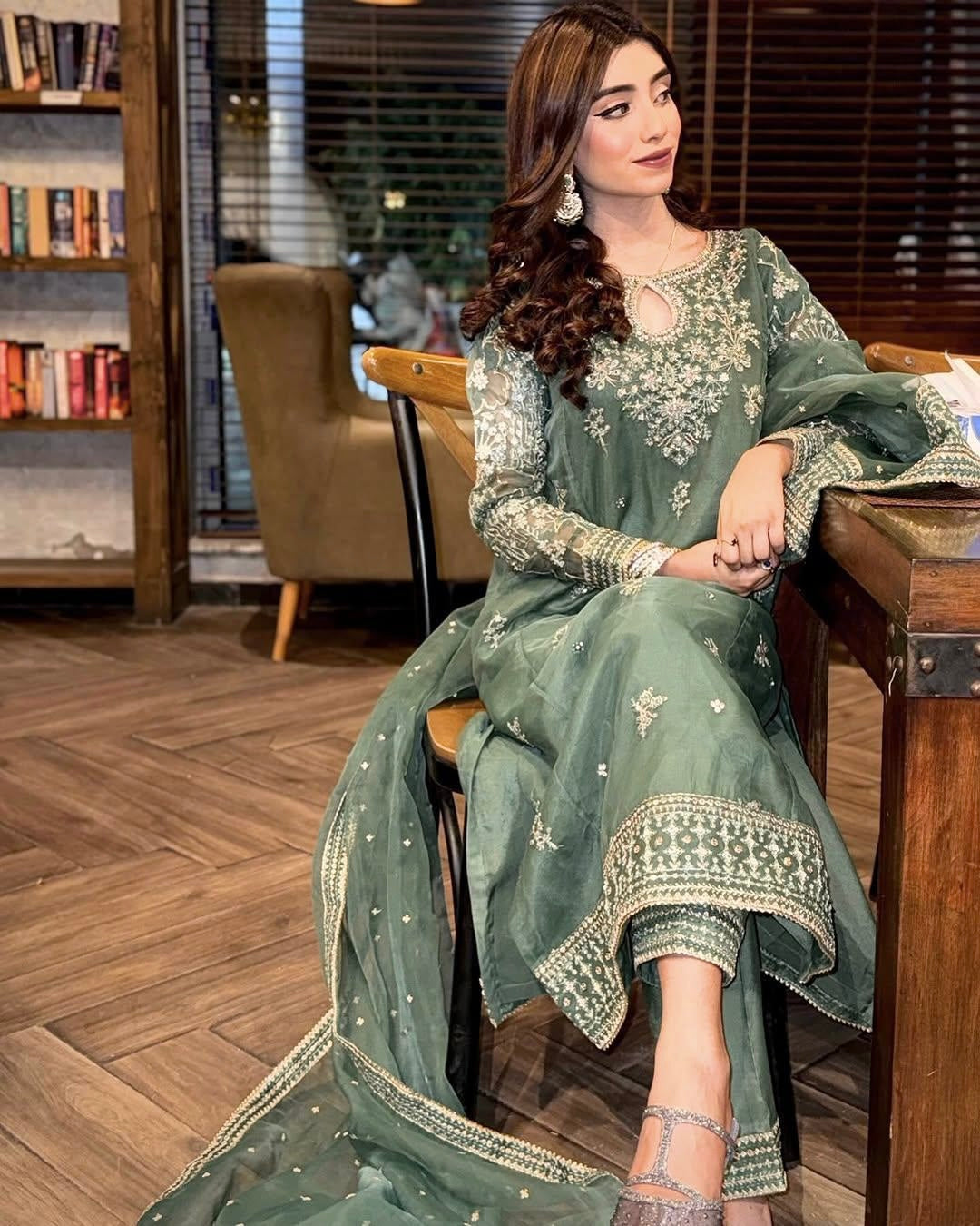 Organza Silk Kurti Palazzo Set with Zari & Sequin Embroidery - LC 1371