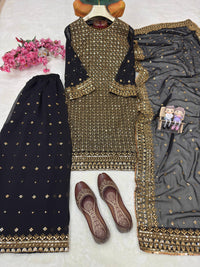 Black Royal Zari & Sequins Embroidered Kurti & Flared Palazzo Set with Elegant Dupatta