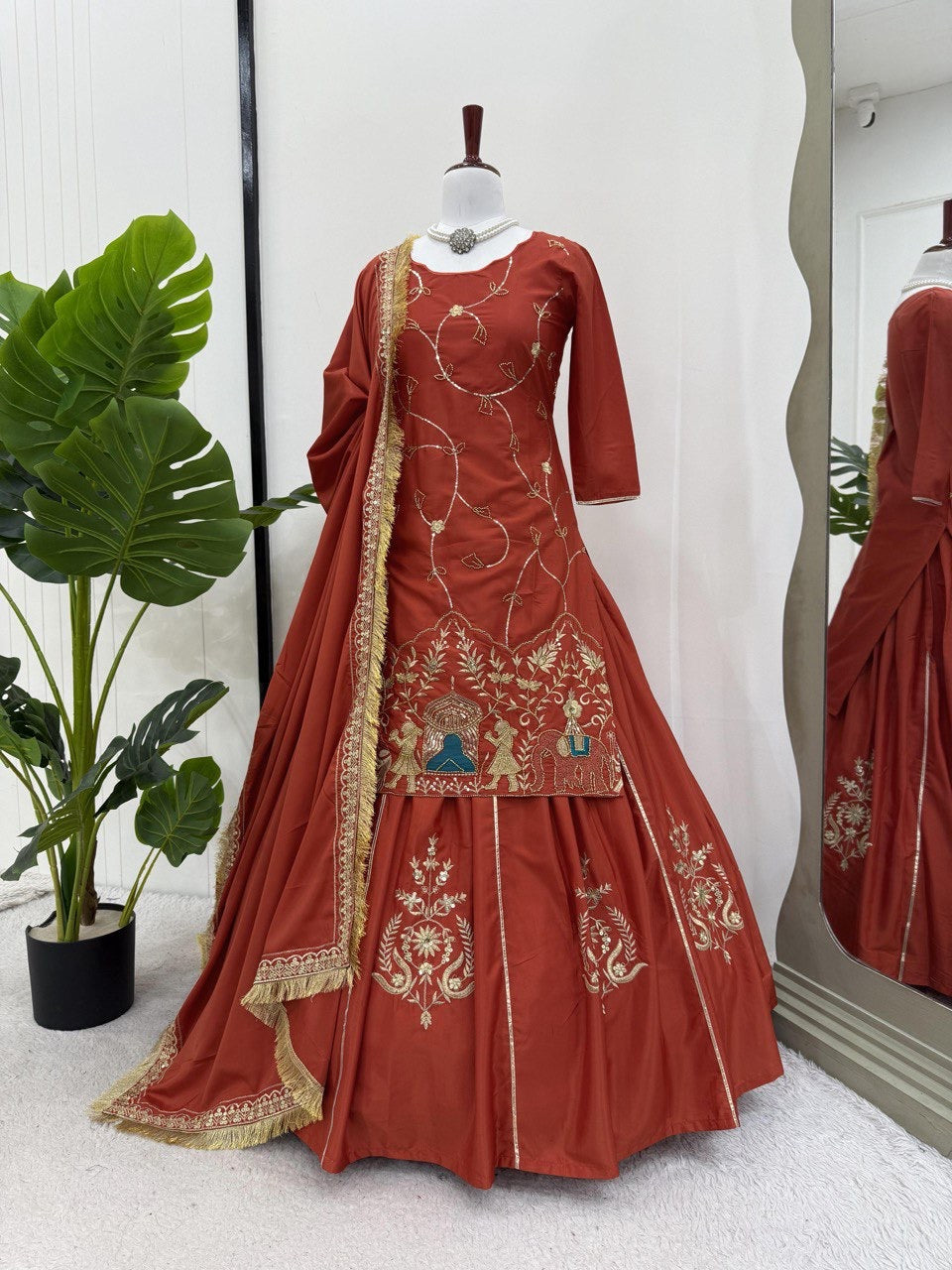 Natural Crepe Silk Indo Western Lehenga Set with Beads & Thread Work - FFRTC-5866
