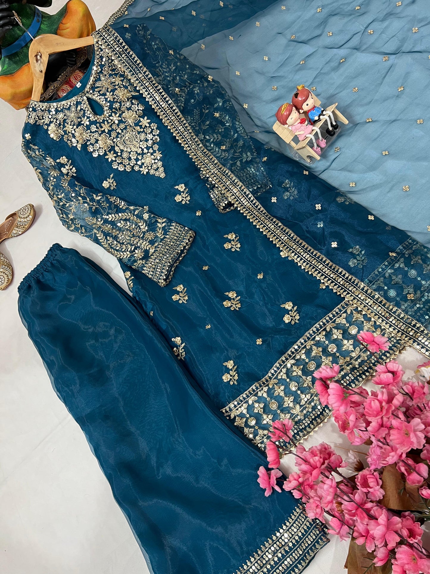 Organza Silk Kurti Palazzo Set with Zari & Sequin Embroidery - LC 1371