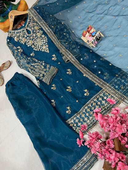 Organza Silk Kurti Palazzo Set with Zari & Sequin Embroidery - LC 1371