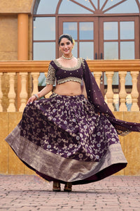 Royal Wine Banarasi Silk Semi Bridal Lehenga Choli with Wide Zari Border