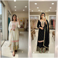 Black & White Kurti Palazzo Set in premium chinon silk fabric with multy color thread Embroidery work
