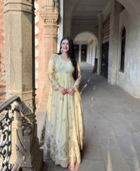 Stylish off-white color anarkali in premium chinon silk fabric