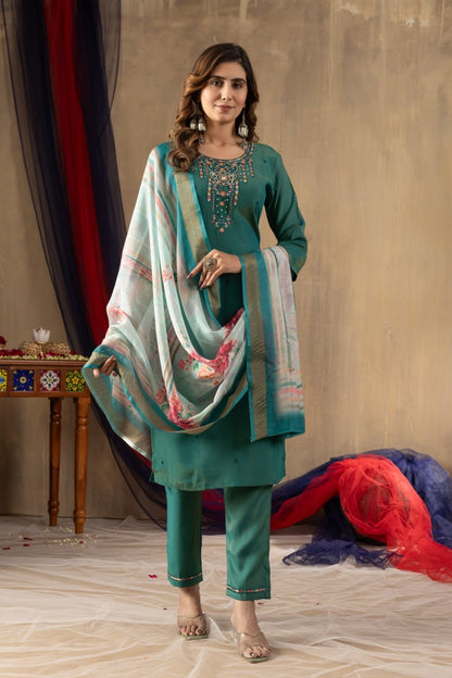 Elegant Shimmer Gold Silk Straight Kurti Pant Set with Multi Embroidery - FFdiva 109