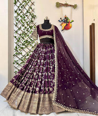 Royal Wine Banarasi Silk Semi Bridal Lehenga Choli with Wide Zari Border