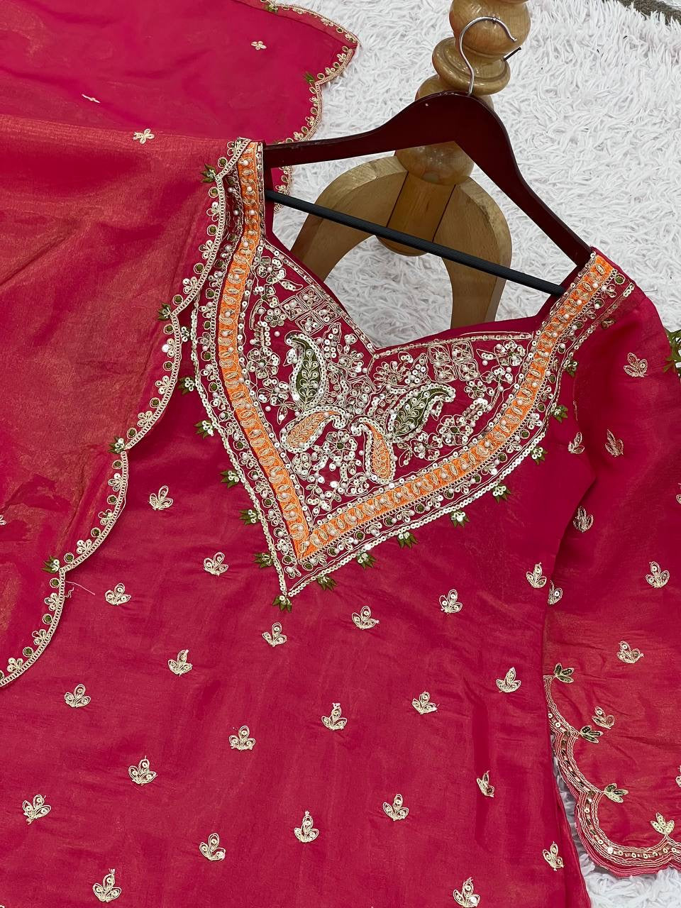 Festive special Designer Flaired palazzo Set with Embellished Kurti & Dupatta in Simar Silk fabric with Embroidery work - FFNSR-852
