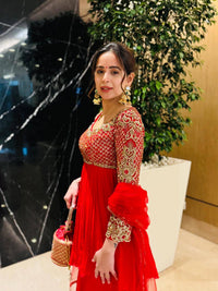 Festive Red Anarkali Style Kurti(KEDIYA) & Palazzo With stylish dupatta