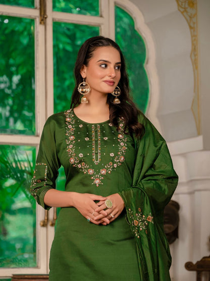 Elegant Marina Silk Straight Kurti Pant Dupatta Set with Multi Embroidery & Hand Work