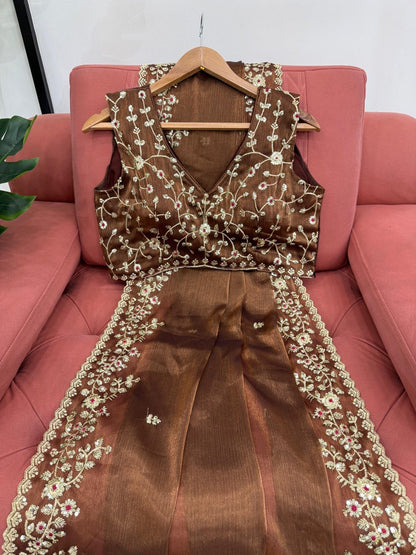 Designer Barbari Silk Saree with Thread & Sequence Work & Unstitched Blouse