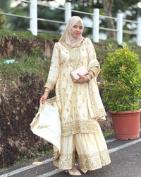 All time hit long kurti plazzo set in premium chinon silk with sequins & zari Embroidery work