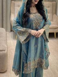 Designer Kurti-Palazzo set in premium moss tissue silk