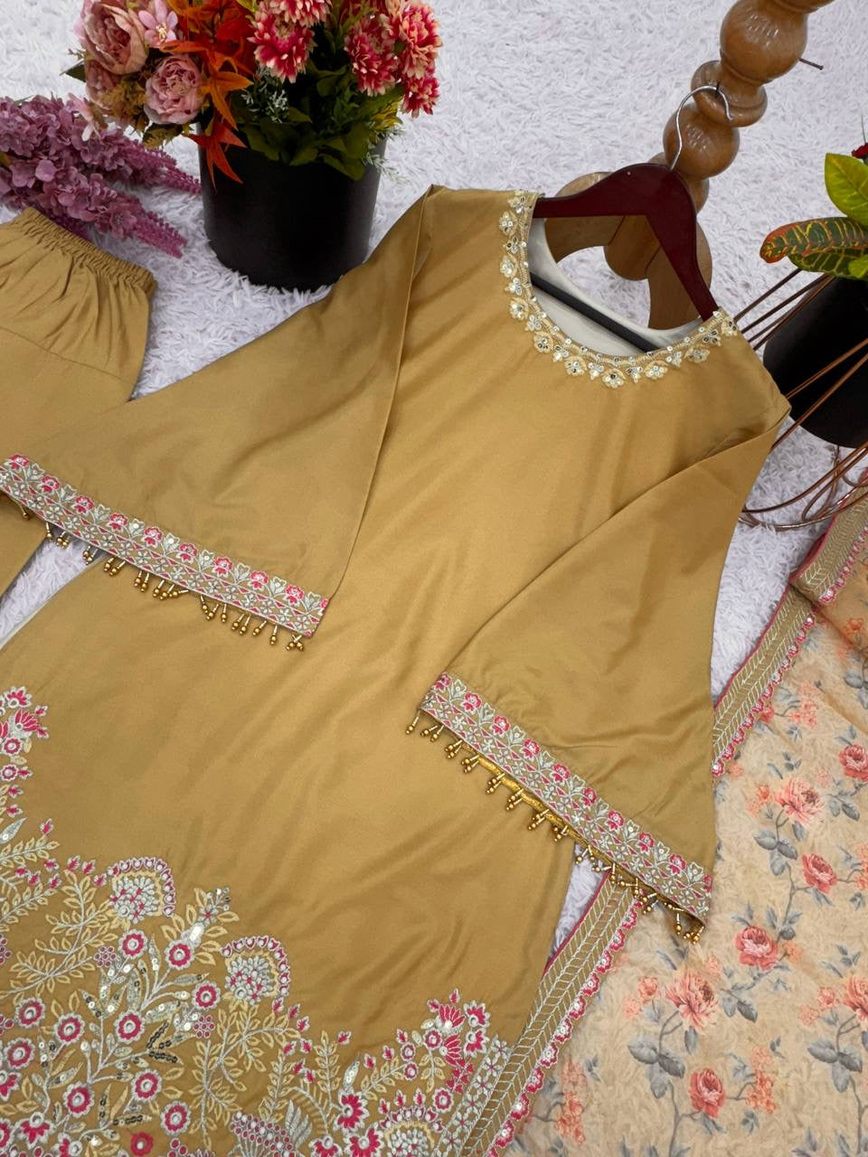 Designer French Crepe Silk kurti-palazzo & Dupatta Set with Embroidery - Ready To Wear
