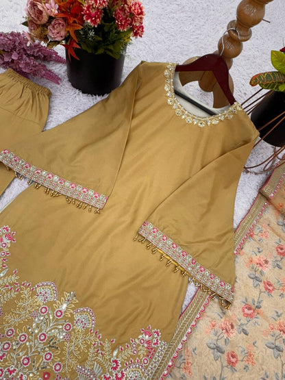 Designer French Crepe Silk kurti-palazzo & Dupatta Set with Embroidery - Ready To Wear