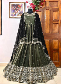 Beautiful mehendi green colored Indo-western set in premium chinon silk fabric (kediya style kurti with Lehenga choli)