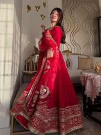 Festive Red Anarkali Gown In Chinon Silk fabric,featuring 5mm Sequin Work and Intricate Floral Embroidery