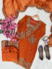 Designer Kurti-Palazzo set in premium moss tissue silk