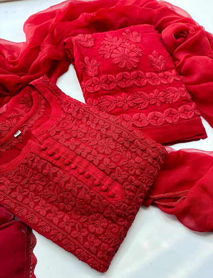 Designer chicken work kurti & pant set with chicken Embroidery work & Dupatta - FFBE-354