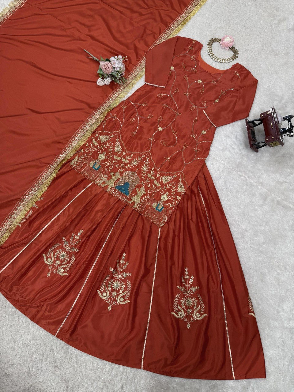 Natural Crepe Silk Indo Western Lehenga Set with Beads & Thread Work - FFRTC-5866