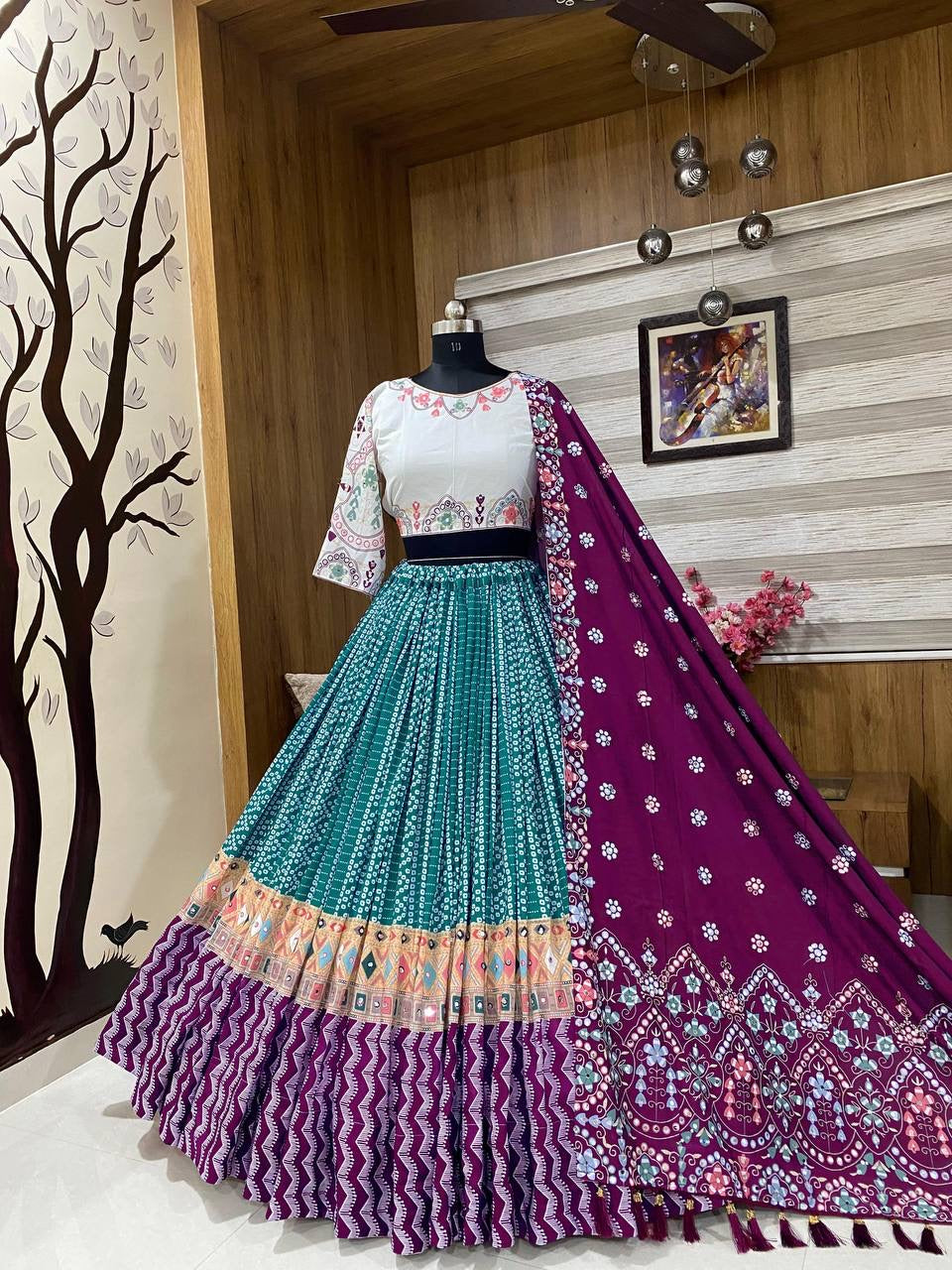 Navratri special Premium Heavy Muslin Cotton Lehenga with Digital Print & Real Mirror Work