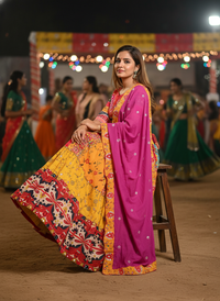 Vibrant yellow color Real Mirror Work Navratri Lehenga With Elegant Pink Color Dupatta