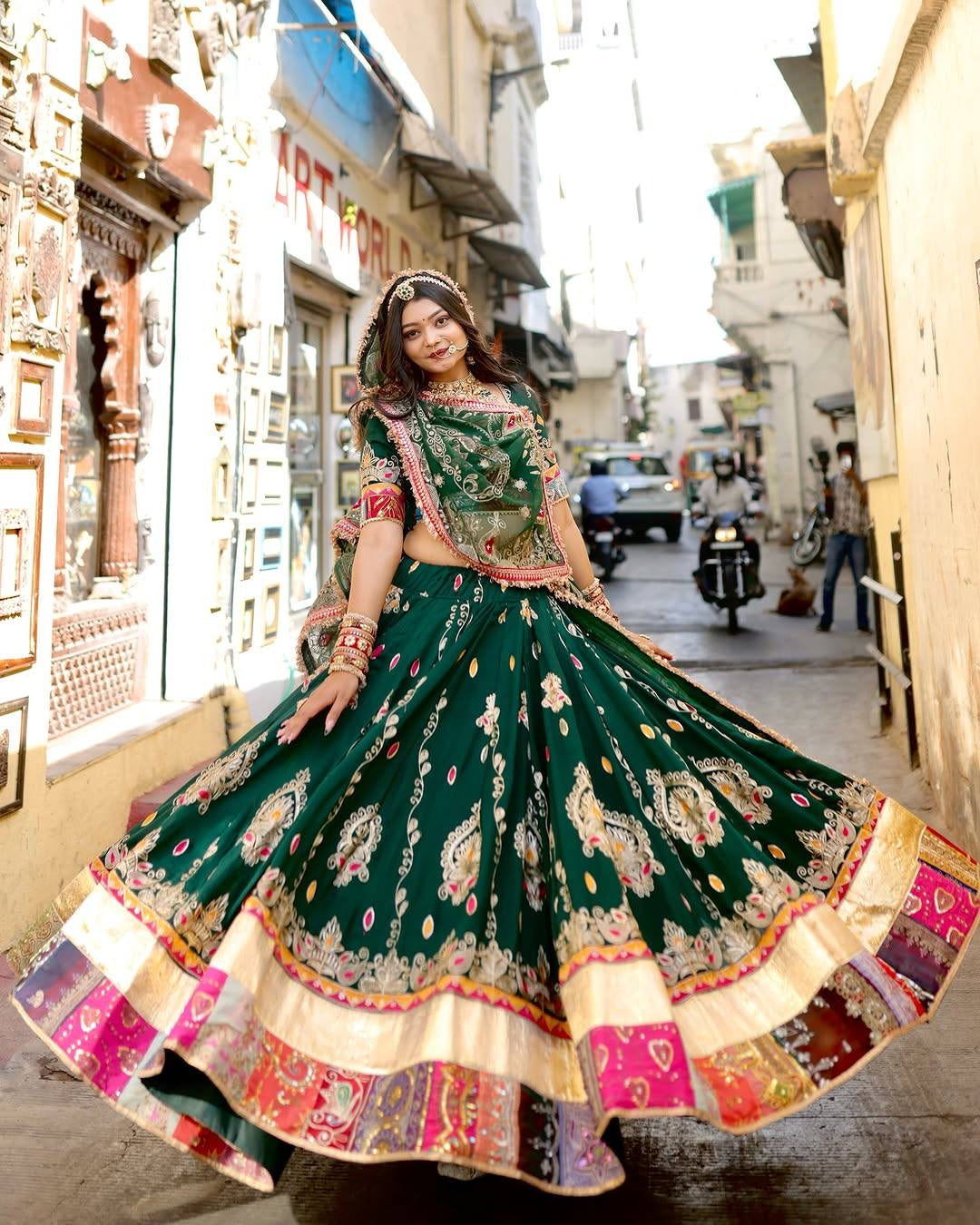 Navratri special Heavy Muslin Cotton Lehenga with Digital Print & Gota Zari Lampi Lace - Alc 103