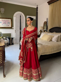 Festive Red Anarkali Gown In Chinon Silk fabric,featuring 5mm Sequin Work and Intricate Floral Embroidery