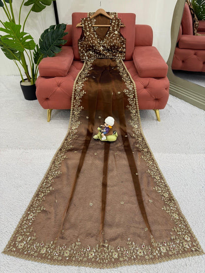 Designer Barbari Silk Saree with Thread & Sequence Work & Unstitched Blouse