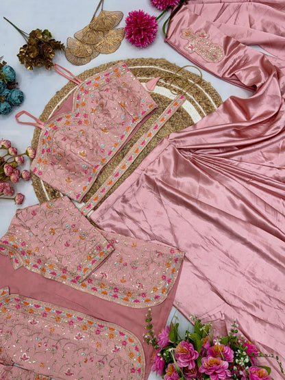 Ready To Wear Diamond Satin Silk Saree with Jacket & Embroidery Belt