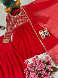 Festive Red Anarkali Style Kurti(KEDIYA) & Palazzo With stylish dupatta