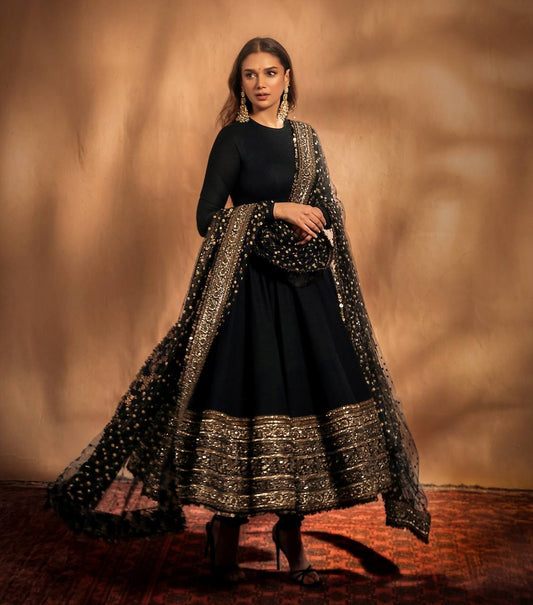 Aditi rao hydri Inspired Black color anarkali gown with Elegant Sequins & Zari Embroidery work