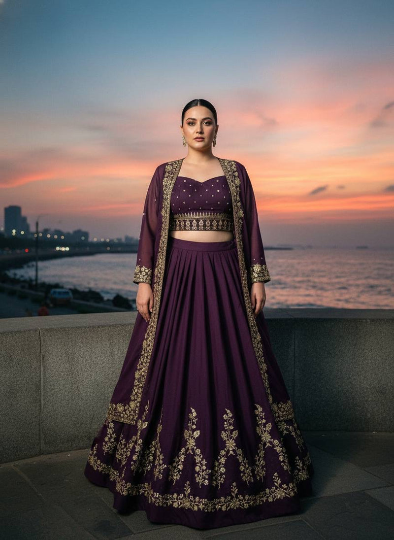 Modern Designer Semi-Bridal Wine Pink Lehenga Choli Set with Stylish Long Shrug in Premium Star Georgette Fabric for Wedding & Festive Wear