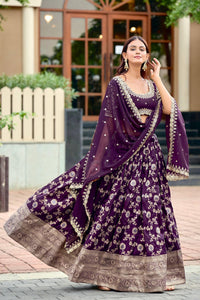 Royal Wine Banarasi Silk Semi Bridal Lehenga Choli with Wide Zari Border