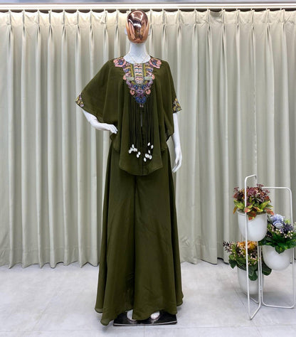 New Trendy Air Tex Chinon Three Piece Indo Western Set with Sequence Embroidery
