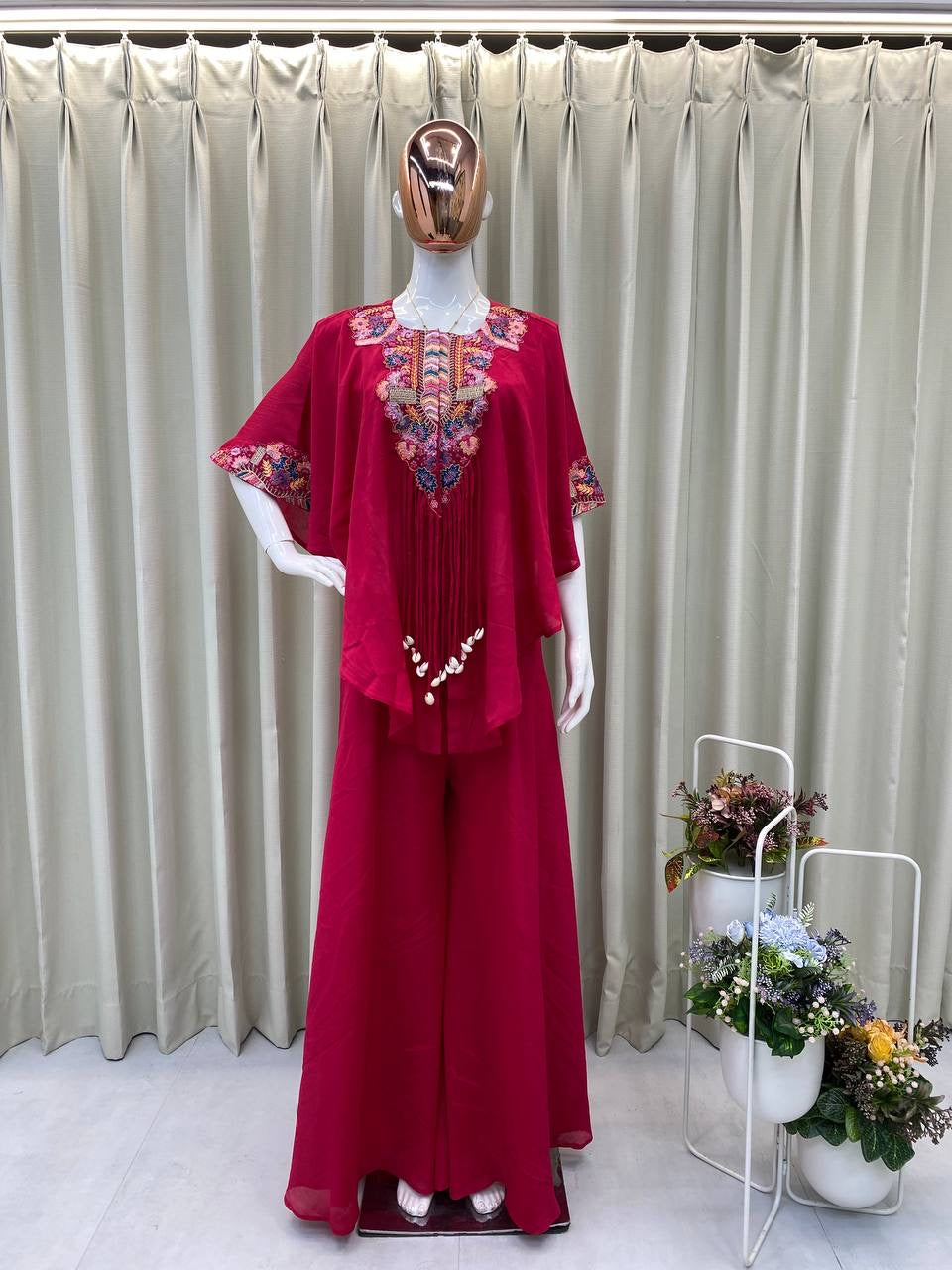 New Trendy Air Tex Chinon Three Piece Indo Western Set with Sequence Embroidery