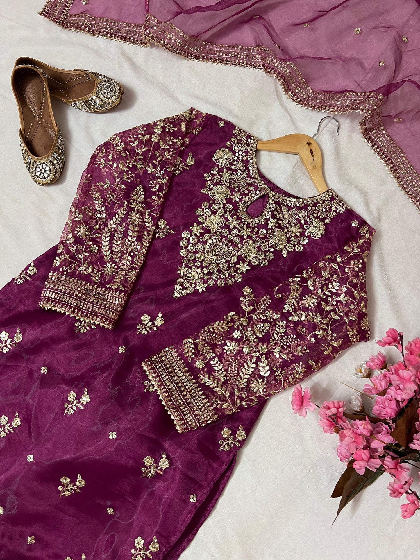 Organza Silk Kurti Palazzo Set with Zari & Sequin Embroidery - LC 1371