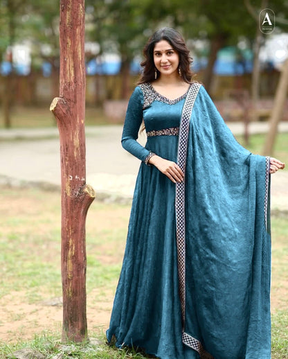 Gold Crushed Silk Gown with Thread & Sequin Embroidery - VF 206