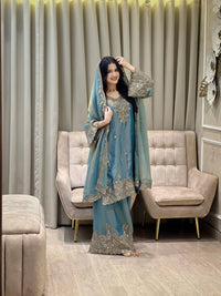 Designer Kurti-Palazzo set in premium moss tissue silk
