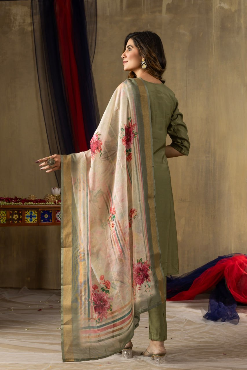 Elegant Shimmer Gold Silk Straight Kurti Pant Set with Multi Embroidery - FFdiva 109