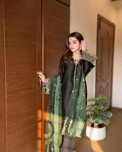 French Crepe Silk Kurti Pant Set with Zari Embroidery - LC 1384