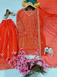Designer kurti and flared palazzo set in orange color with heavy sequins and zari Embroidery work