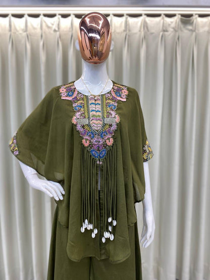 New Trendy Air Tex Chinon Three Piece Indo Western Set with Sequence Embroidery