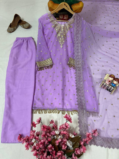 Georgette Kurti Pant Set with Sequin & Zari Embroidery - LC 1356