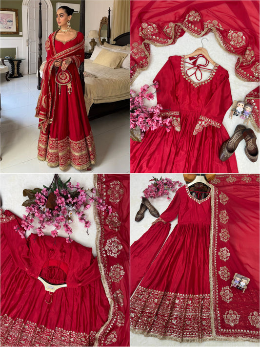 Festive Red Anarkali Gown In Chinon Silk fabric,featuring 5mm Sequin Work and Intricate Floral Embroidery