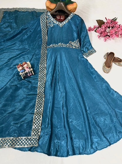 Gold Crushed Silk Gown with Thread & Sequin Embroidery - VF 206