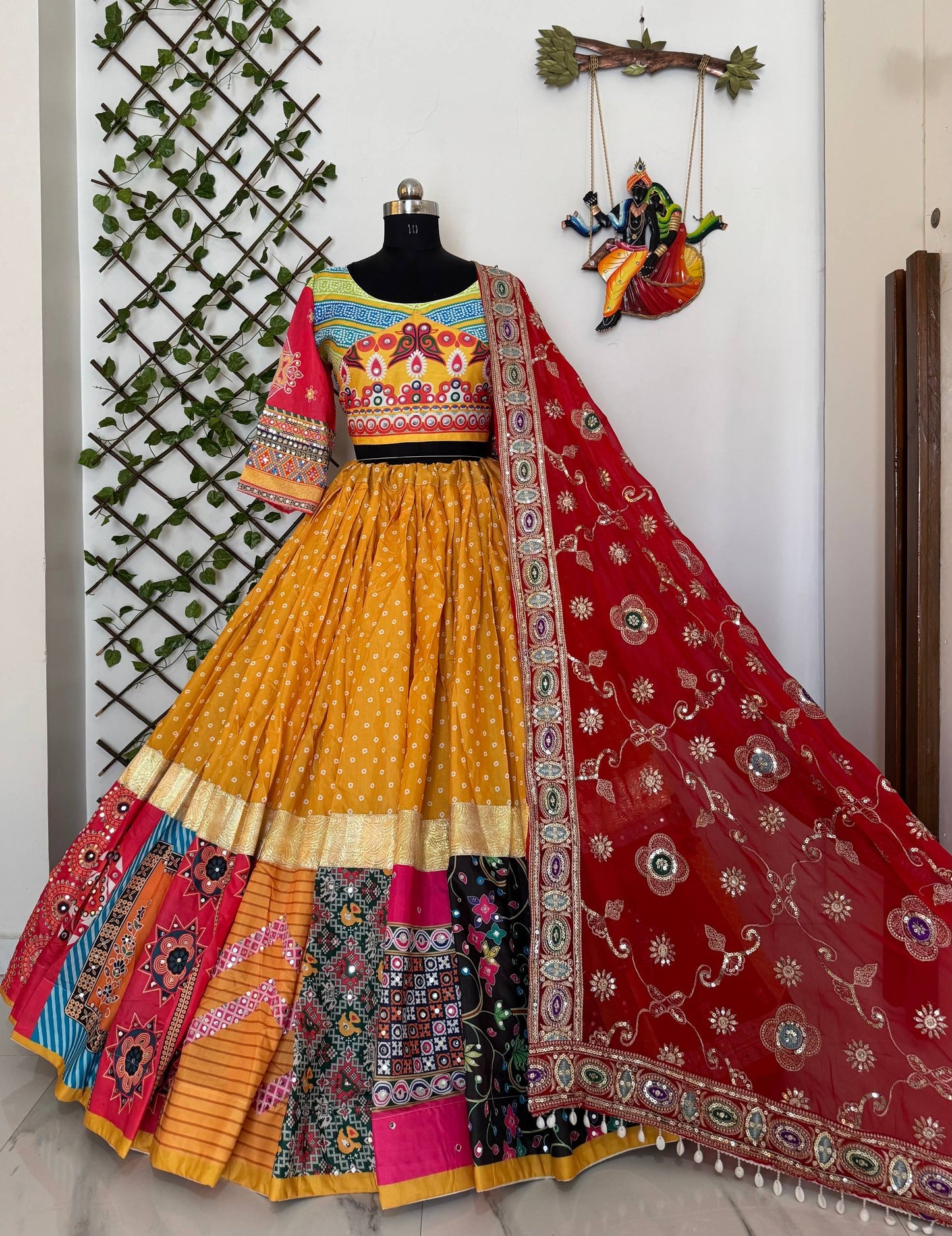 Navratri special Heavy Muslin Cotton Lehenga with Digital Print & Gota Zari Border - Alc 100