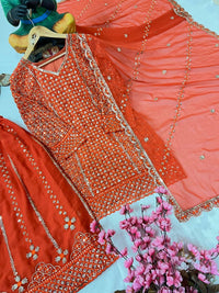 Designer kurti and flared palazzo set in orange color with heavy sequins and zari Embroidery work