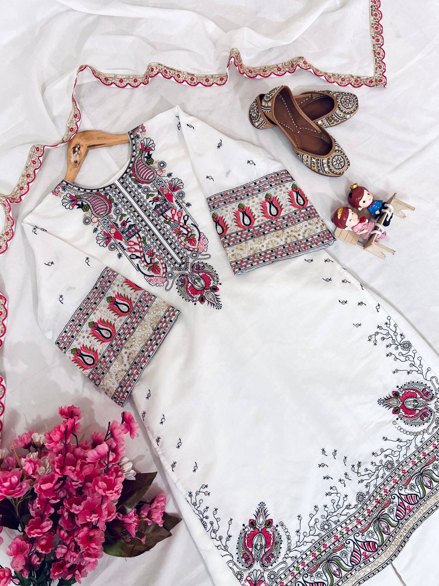 Roman Silk Cotton Kurti-Palazzo Set with Zari, Thread & Sequins Embroidery