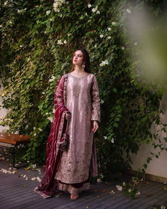 Long Kurti-Palazzo set With Contrast Matching Dupatta with beautiful sequins Embroidery Work